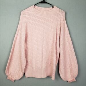 Balloon Sleeve Cable Knit Sweater Blush Pink Pullover Relaxed Fit Preppy Size L